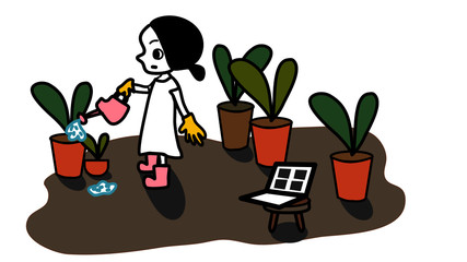 girl is woking in garden and also work on computer in same time