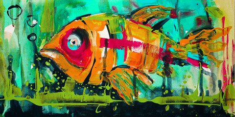 Plakat Dipinto colorato acrilico pesce tropicale carpa fantasia