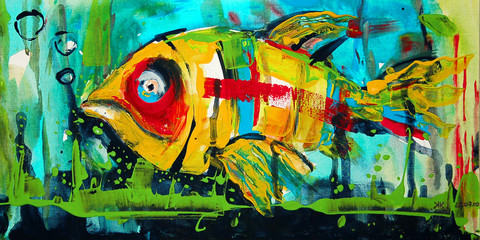 Quadro moderno colorato pop art pesce dorato nell'acqua color turchese