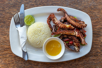 Fried octopus tentacles with white rice on a plate, close up