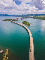 Aerial of San Juanico Bridge, longest bridge in the Philippines, which connects the islands of...