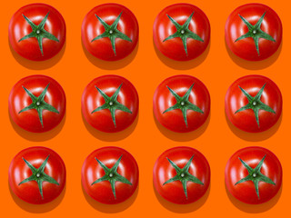 tomato pattern on red,yellow, orange background. Flat sunbed, top view. A pattern of tomatoes.