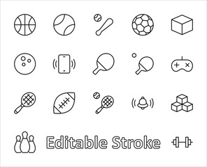 Set of Sports balls, hobbies, entertainment vector line icons. It contains symbols of football, basketball, bowling, tennis and much more. Editable Stroke. 32x32 pixels.