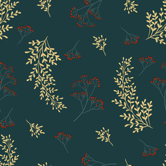 Fototapeta na wymiar Vector seamless pattern with leaves and flowers on dark background. Floral illustration for textile, print, wallpapers, wrapping.