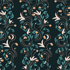 Vector seamless  pattern with  leaves and  flowers on dark background.  Floral illustration for textile, print, wallpapers, wrapping.