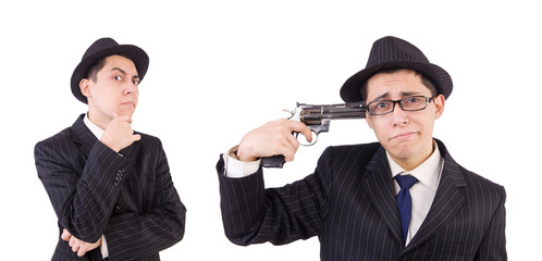 Funny gentleman in striped suit isolated on white