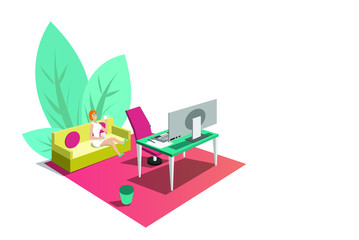 Lady work home space concept vector, happy home office,sofa,table ,computer,lady,cartoon icons,illustration.