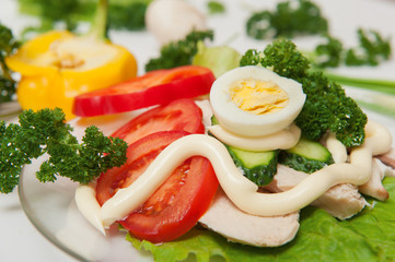 Ham with eggs and vegetables