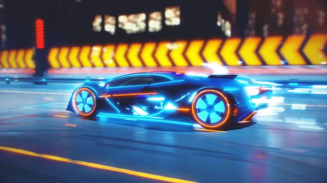 Future car going on the road with electric blasts and energy fluids 4k animation