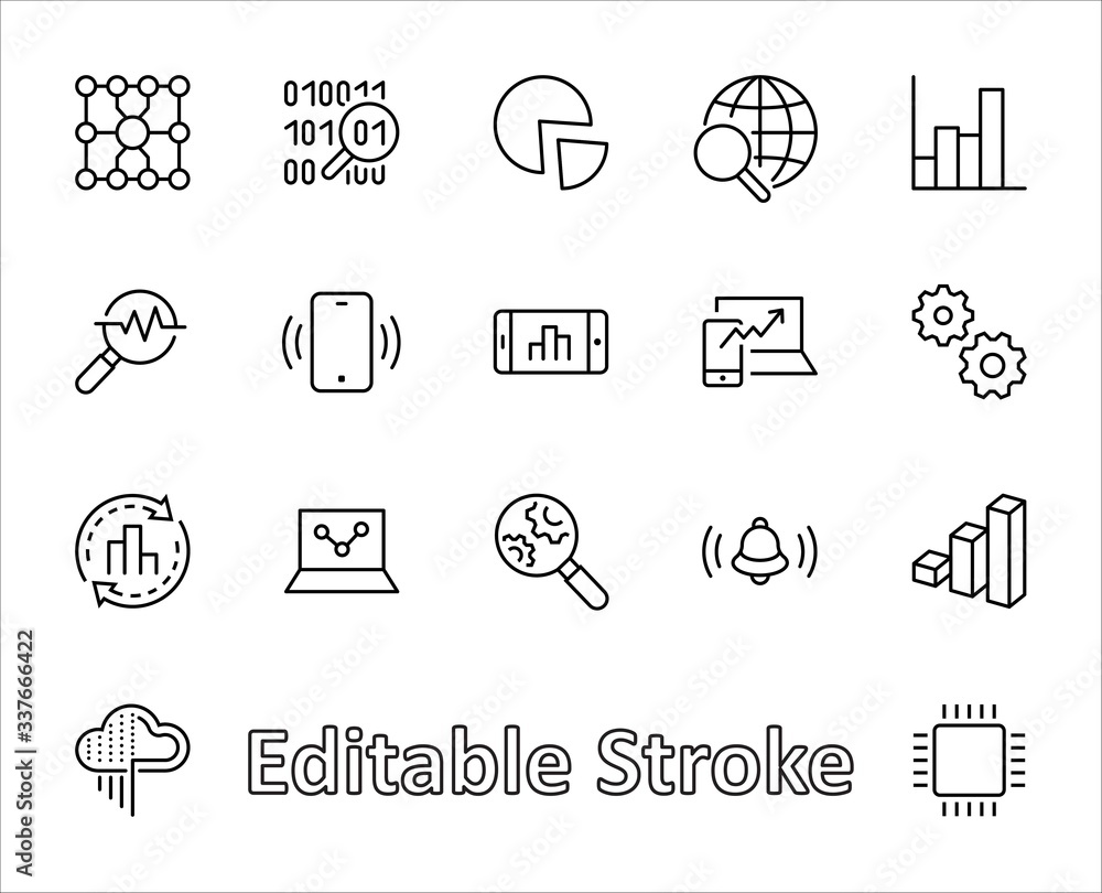 Poster yellow set data analysis related technology vector line icons. contains such icons as charts, search