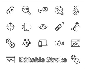 Set of SEO Related Vector Line Icons. Contains such Symbols as Web icon, Eye, Localization, Link, Traffic, Translate, Performance Tracking, Point and more. Editable Stroke. 32x32 Pixel Perfect.