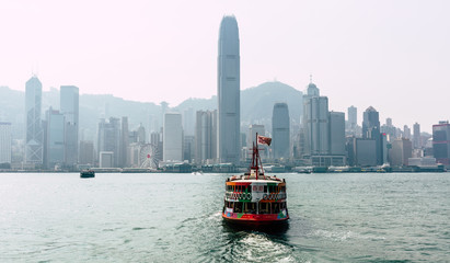 Hong Kong skyline view and junk boat from Kowloon,China.