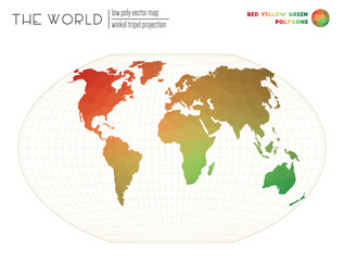 Low poly design of the world. Winkel tripel projection of the world. Red Yellow Green colored polygons. Neat vector illustration.