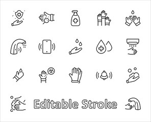 Set of Washing Hands Vector Line Icons. Contains such Icons as Coronavirus, Contactless Water Tap, Antiseptic, Washing Instruction, Hand Dryer, Soap and more. Editable Stroke. 32x32 Pixels.