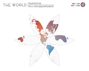 Low poly design of the world. The U.S.-centric Gingery world projection of the world. Red Blue colored polygons. Beautiful vector illustration.