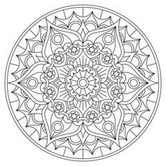Coloring page with mandala with floral pattern and six-pointed stars. Vector design.