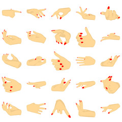 Female hands with manicure, vector set of beautiful woman hands isolated on white background