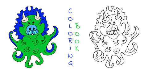 Fantastic octopus with mane. Coloring page for children's book. Vector hand drawn illustration. Colorless and color samples for antistress coloring book. Black and white isolated on white background.