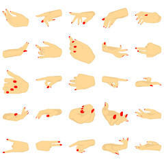 Female hands with manicure, vector set of beautiful woman hands isolated on white background