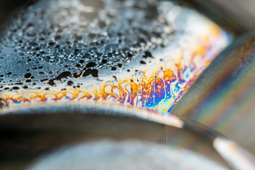 Psychedelic abstract planet from soap bubble, Light refraction on a soap bubble, Macro Close Up in soap bubble. Rainbow colors on a black background. Model of Space or planets universe cosmic galaxy.