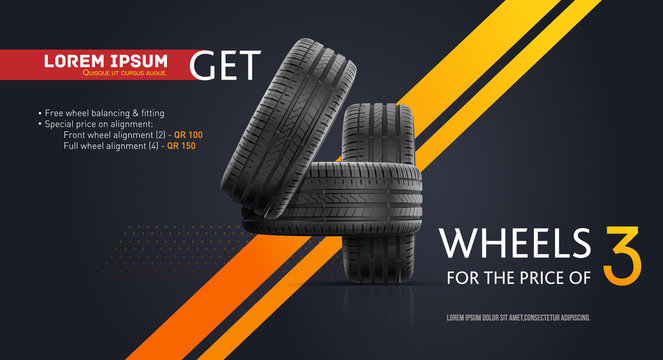Car tire sale banner, buy 3 get 1 free. Car tyre service flyer promo background. Tire sale advertising. Wheels. Web design black rubber tyre. Realistic vector. Banner. Discount. Store. Poster.