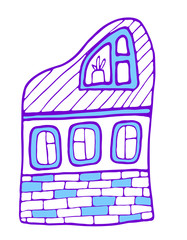 Hand drawn doodles cartoon house with cute windows. Blue cottage vector illustration. Farmhouse sketch.