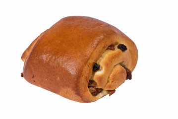 Baking sweet bun with raisins on a white background