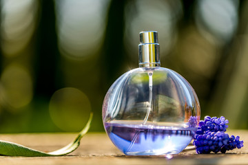 Obraz na płótnie Canvas Bottle of perfume, a blue flower on the side with bokeh background. Copyspace for text.