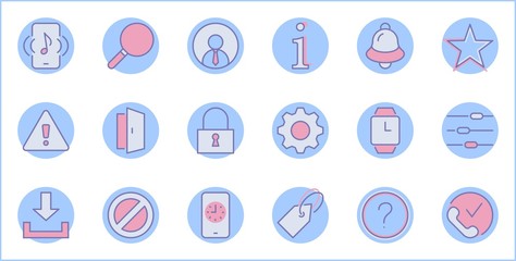 Set of Interface Related Vector Line Icons. Contains such Icons as User, Search, Info, Star, Bell, Door, Settings, Lock, Alert, Gear and more. Editable Stroke. 32x32 Pixel Perfect