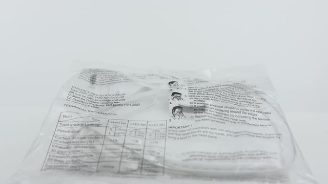Packaged mask for Covid protection on white surface. Shallow focus moving shot in PAL
