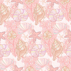 Seashells, starfishs, mollusks, Coral and Algae vector graphic colorful pattern