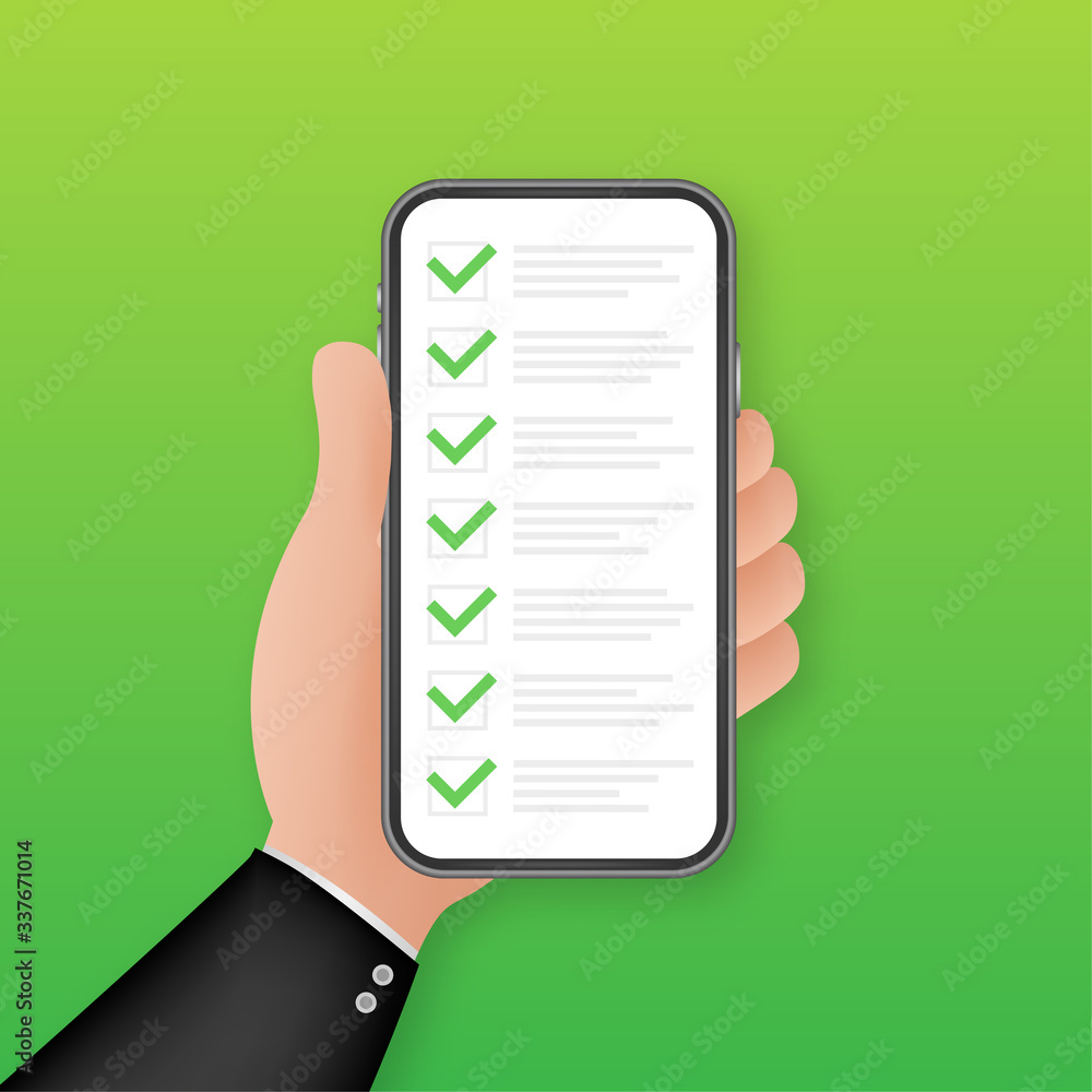 Aufkleber green check list smartphone. survey vector illustration. green tick. flat check list smartphone for 
