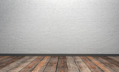 White concrete wall and wooden floor with baseboard as a background. 