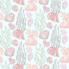 Seashells, starfishs, mollusks, Coral and Algae vector graphic colorful pattern