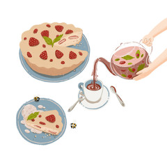 Cartoon tea party with flavor herbal berry tea in glass teapot and homemade strawberry pie. Illustration of delicious baking with fruits and tea pouring in teacup from teapot held by hands.