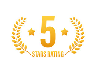 5 star rating. Badge with icons on white background. Vector illustration.
