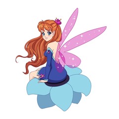 Beautiful anime fairy with shiny pink wings, red hair sitting on flower and wearing blue dress. Hand drawn vector illustration. Isolated on white background.