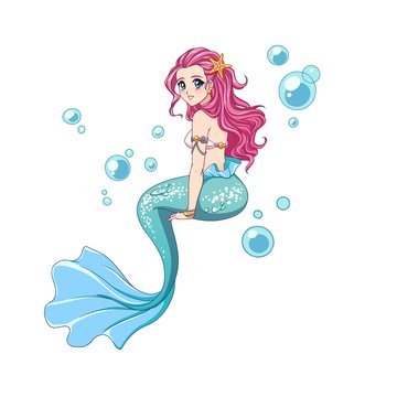 Beautiful anime mermaid with curly pink hair and shiny blue fish tail.