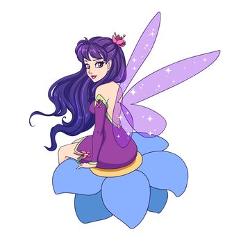 Beautiful cartoon fairy with shiny violet wings, purple hair sitting on flower.