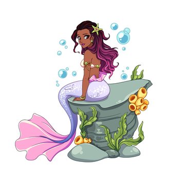 Beautiful cartoon mermaid with curly black and pink hair