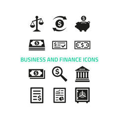 Business and finance icons set on white background.