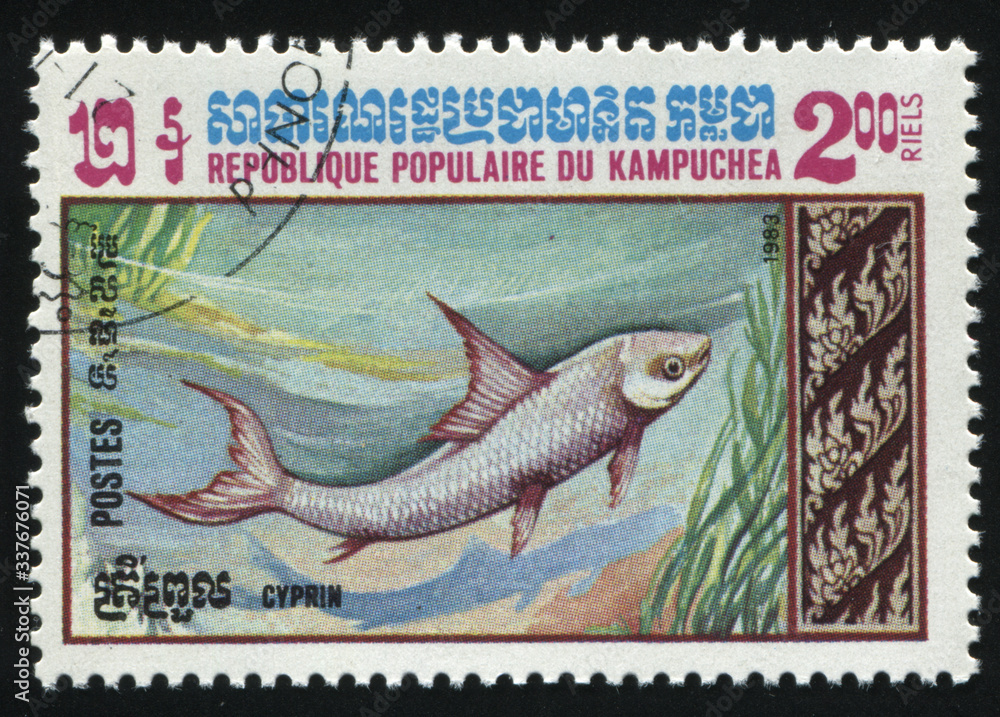 Sticker postage stamp with fish