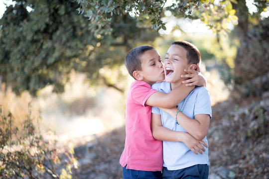 Two boys hugging and kissing outdoors. Siblings playful love.