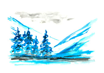 Simple watercolor drawing in blue tones. Mountain winter landscape, coniferous trees, spruce. Northern nature, relaxation.