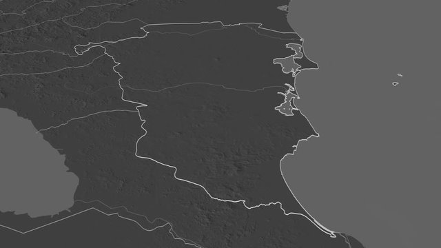 Atl&aacute;ntico Sur, autonomous region with its capital, zoomed and extruded on the bilevel map of Nicaragua in the conformal Stereographic projection. Animation 3D