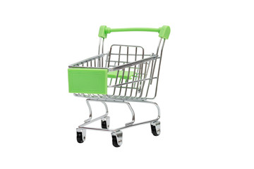 Close-up of shopping trolley isolated on white background.