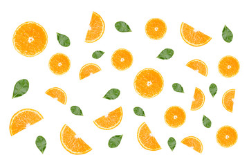 Fresh orange slices and green leaf on white background.