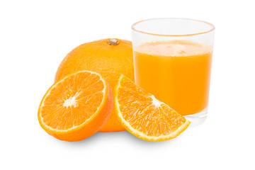 100% Orange juice and sliced fruits isolate on white background.
