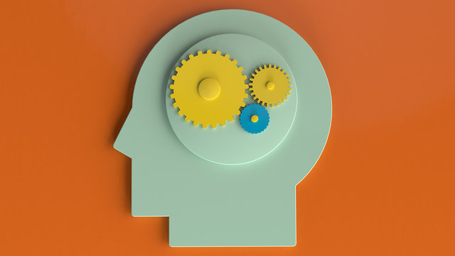 Colorful 3d illustration male head in profile with gears icon isolated on orange background. Idea symbol.