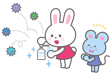 Goodbye to the virus,.Rabbit disinfecting hands